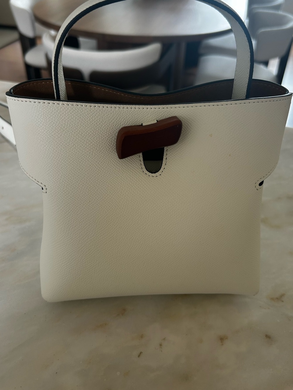 Cream Leather Top-Handle Tote with Brown Accent